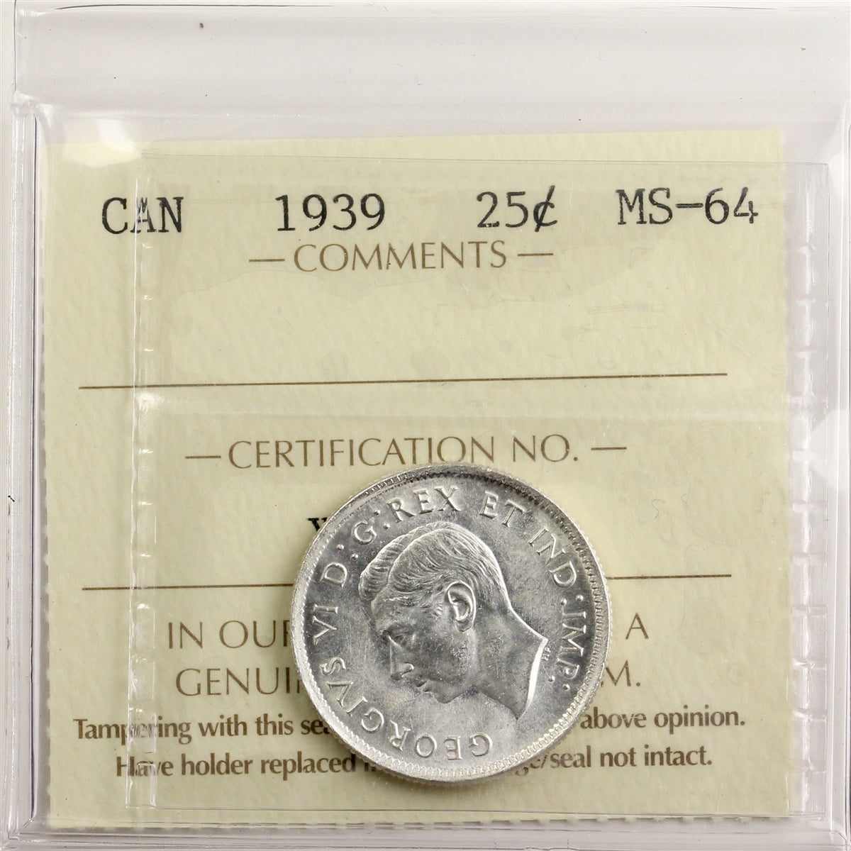 1939 Canada 25-cents ICCS Certified MS64 (XPJ 539)