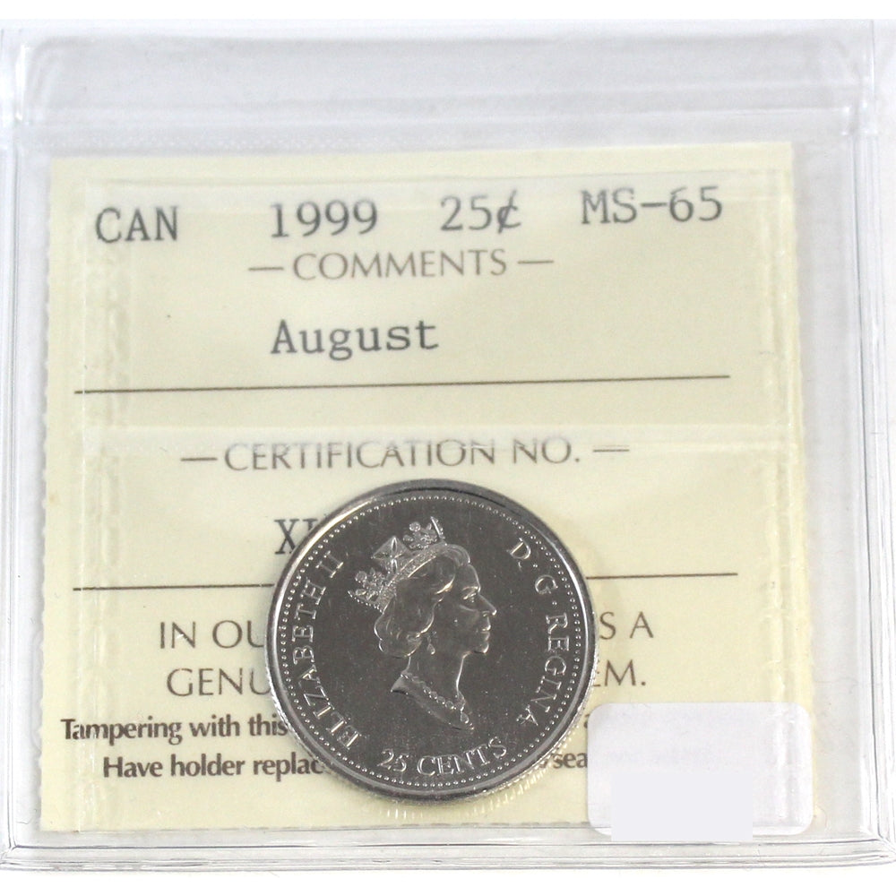 1999 August Canada 25-cents ICCS Certified MS65