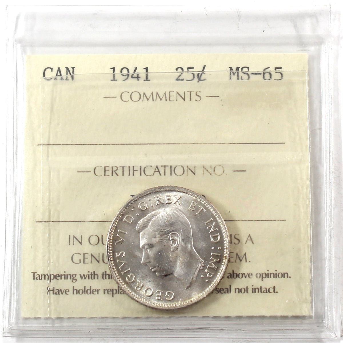 1941 Canada 25-cents ICCS Certified MS65 (XDO 443)