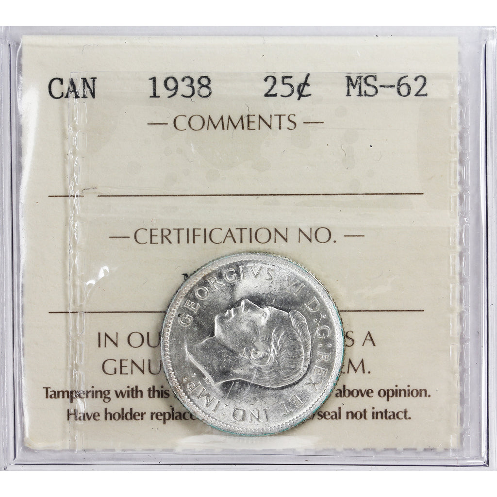 1938 Canada 25-cents ICCS Certified MS62
