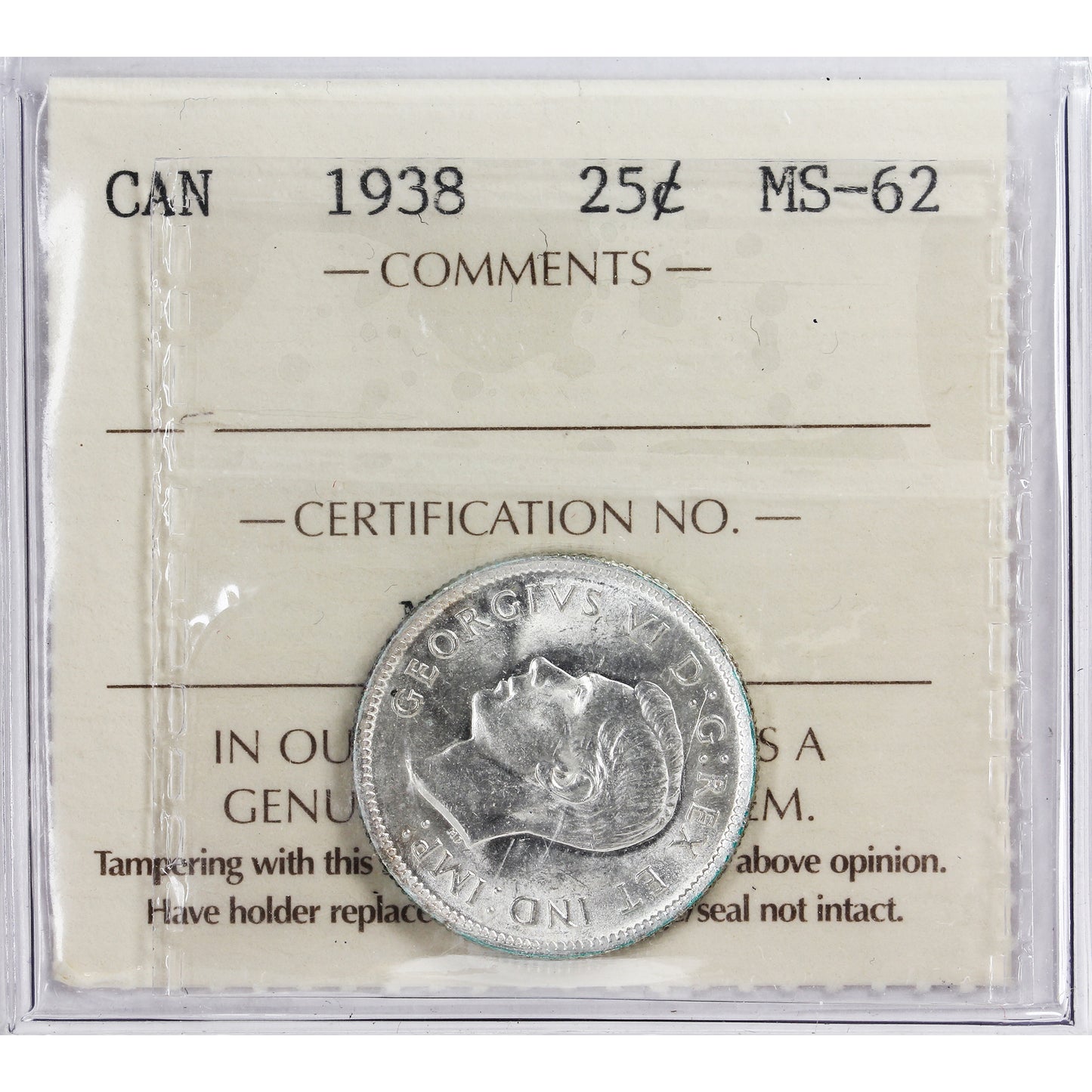 1938 Canada 25-cents ICCS Certified MS62