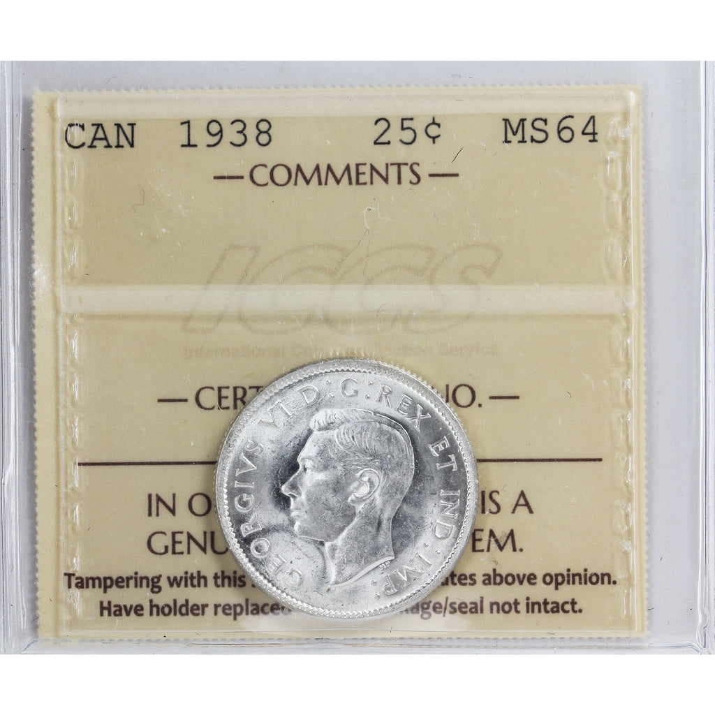 1938 Canada 25-cents ICCS Certified MS64 (XXR 611)