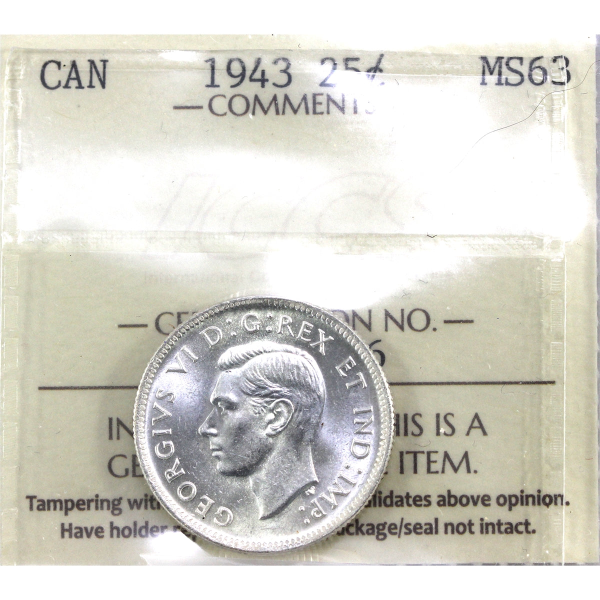 1943 Canada 25-cents ICCS Certified MS63