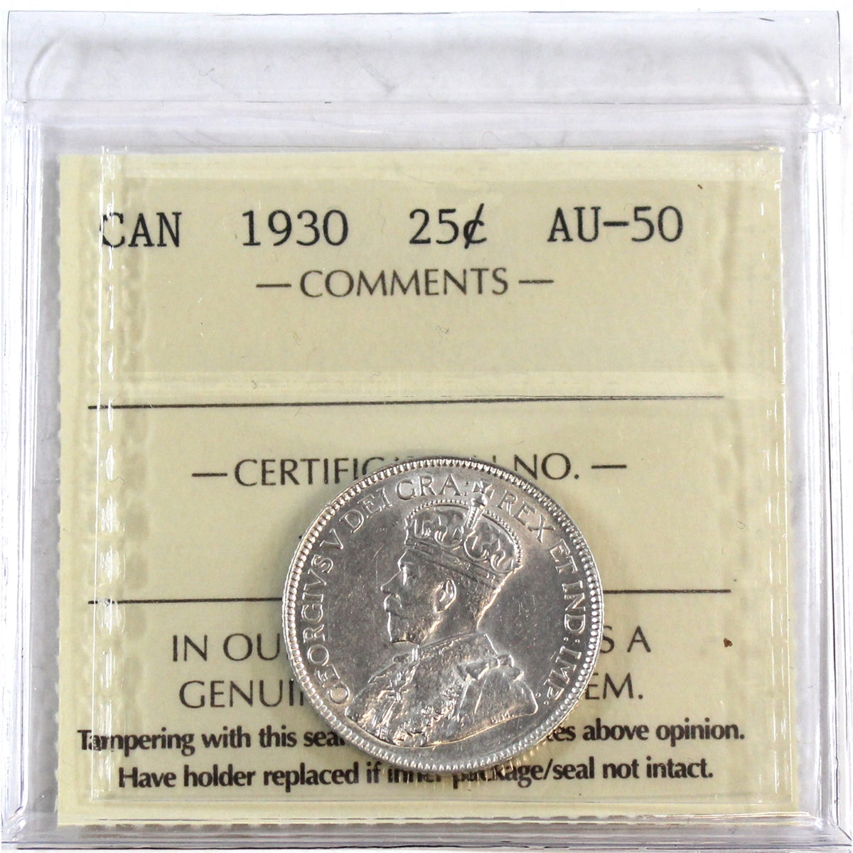 1930 Canada 25-cents ICCS Certified AU50