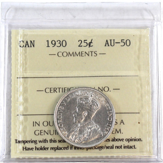 1930 Canada 25-cents ICCS Certified AU50