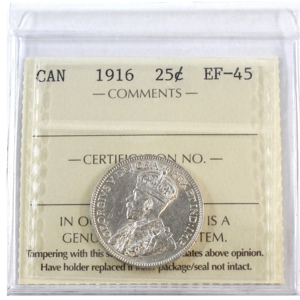 1916 Canada 25-cents ICCS Certified EF45