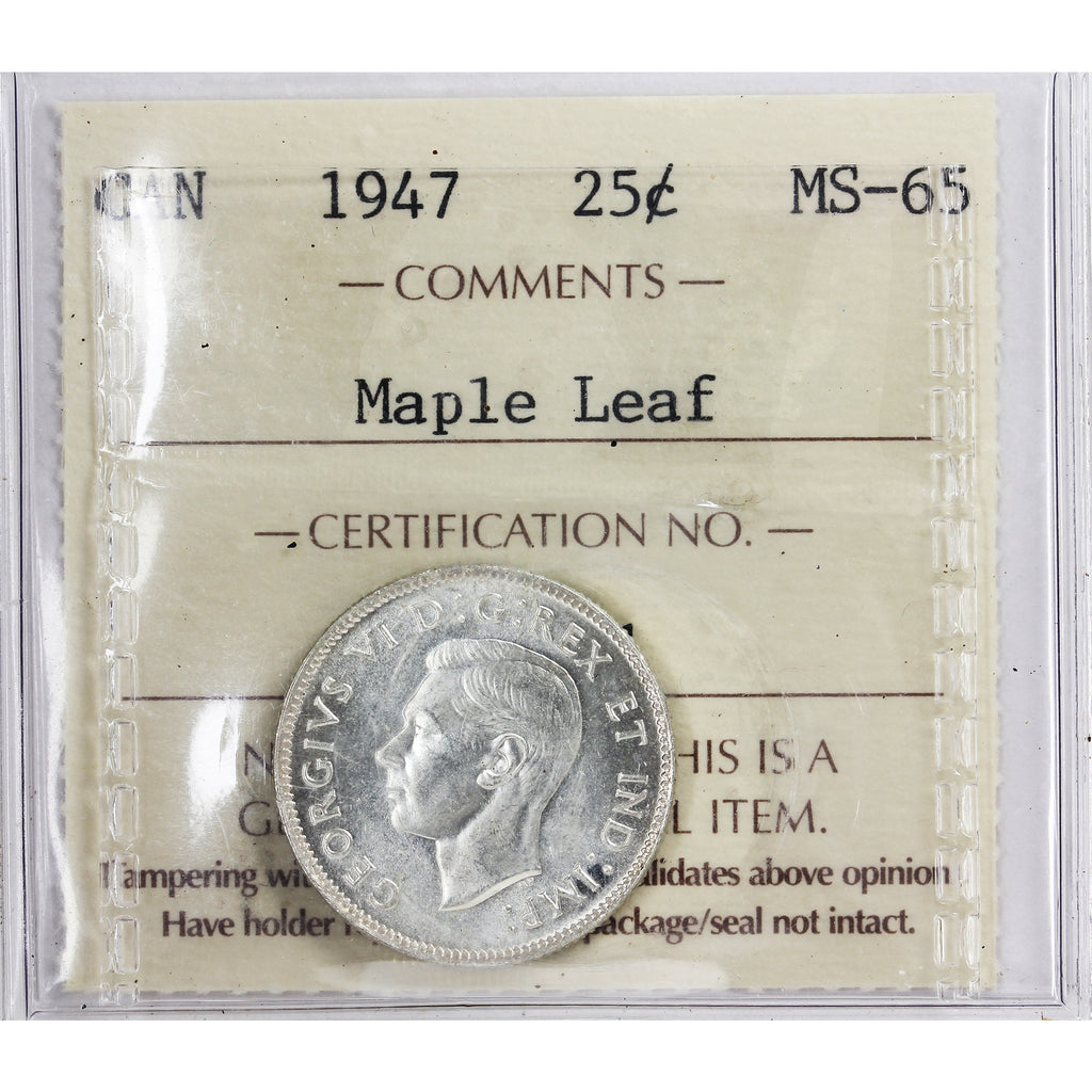 1947 Maple Leaf Canada 25-cents ICCS Certified MS65 (KV 321)