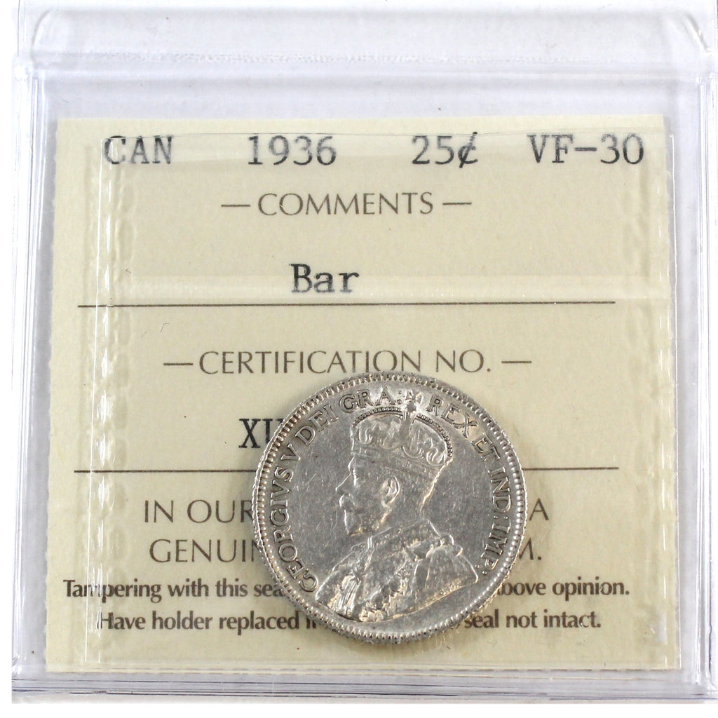 1936 Bar Canada 25-cents ICCS Certified VF30