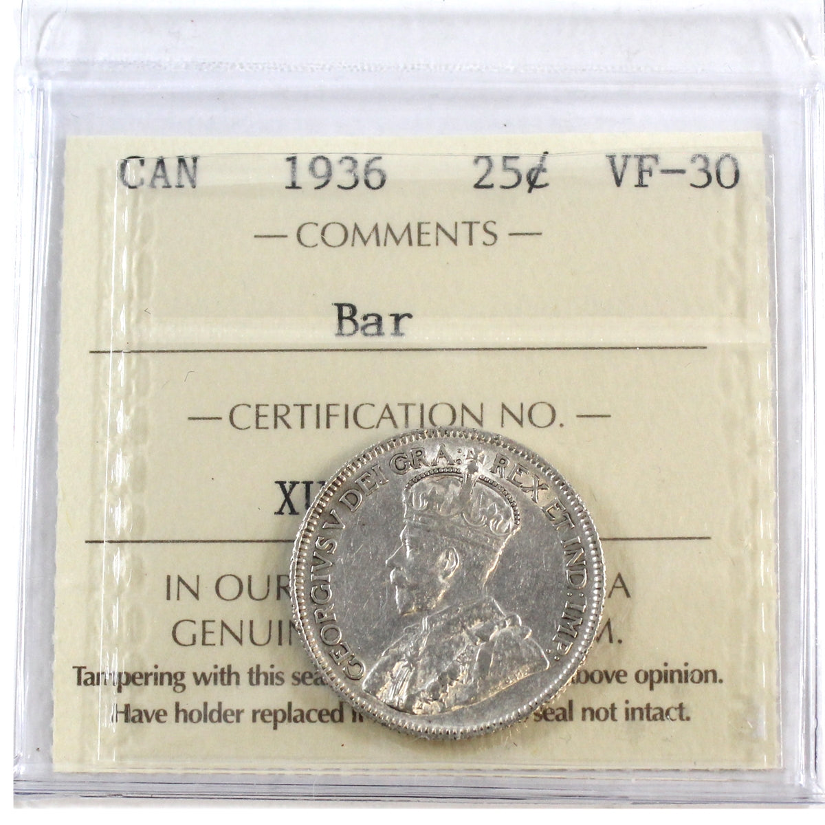 1936 Bar Canada 25-cents ICCS Certified VF30