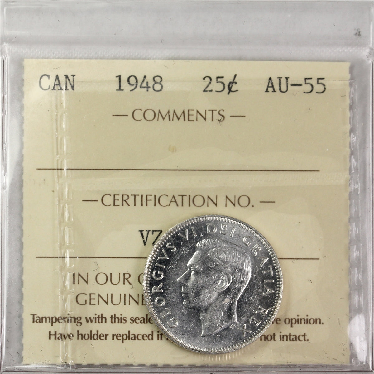 1948 Canada 25-cents ICCS Certified AU55