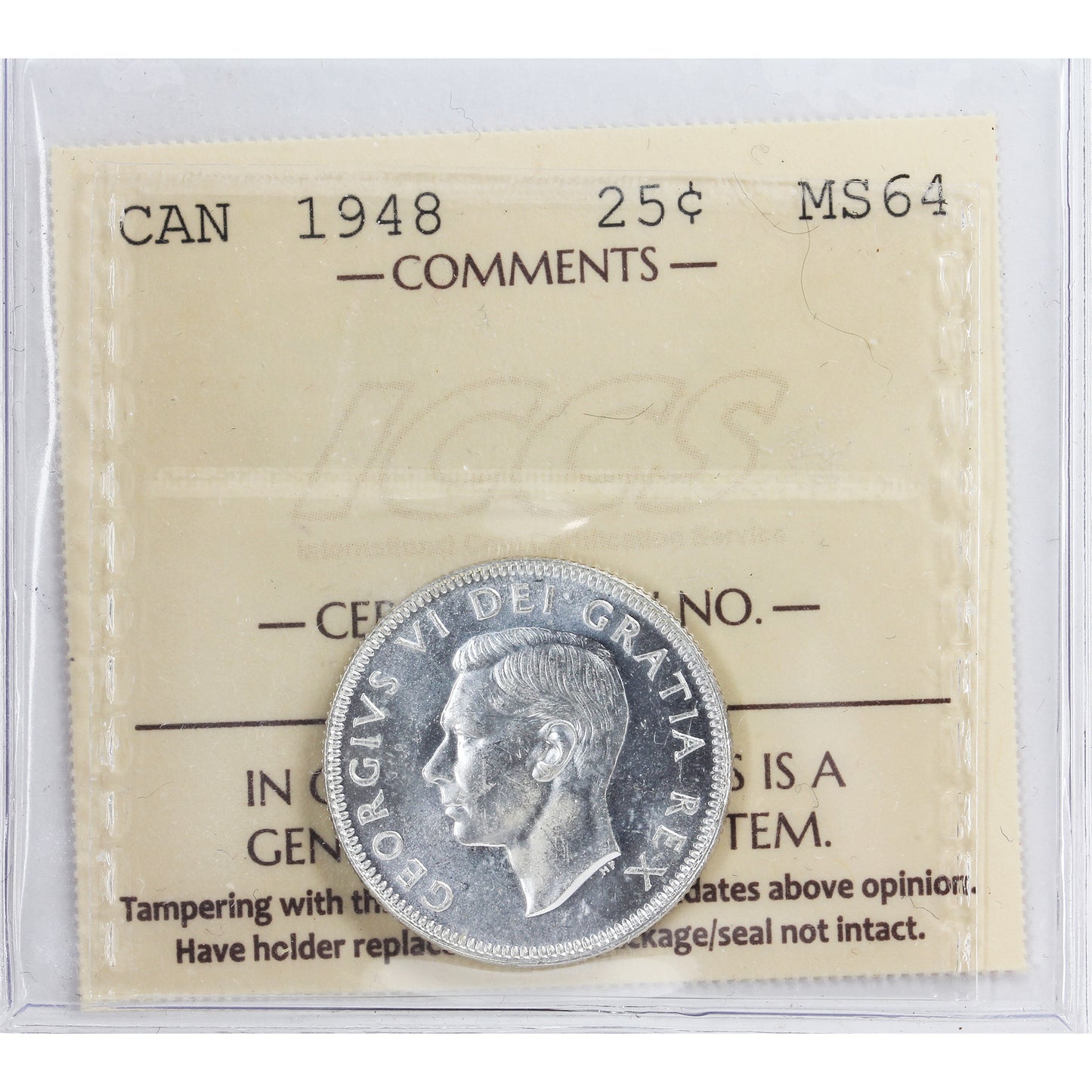 1948 Canada 25-cents ICCS Certified MS64 (XSU 363)