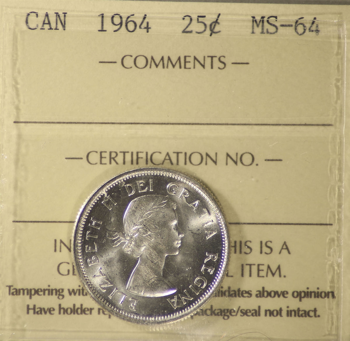 1964 Canada 25-cents ICCS Certified MS64
