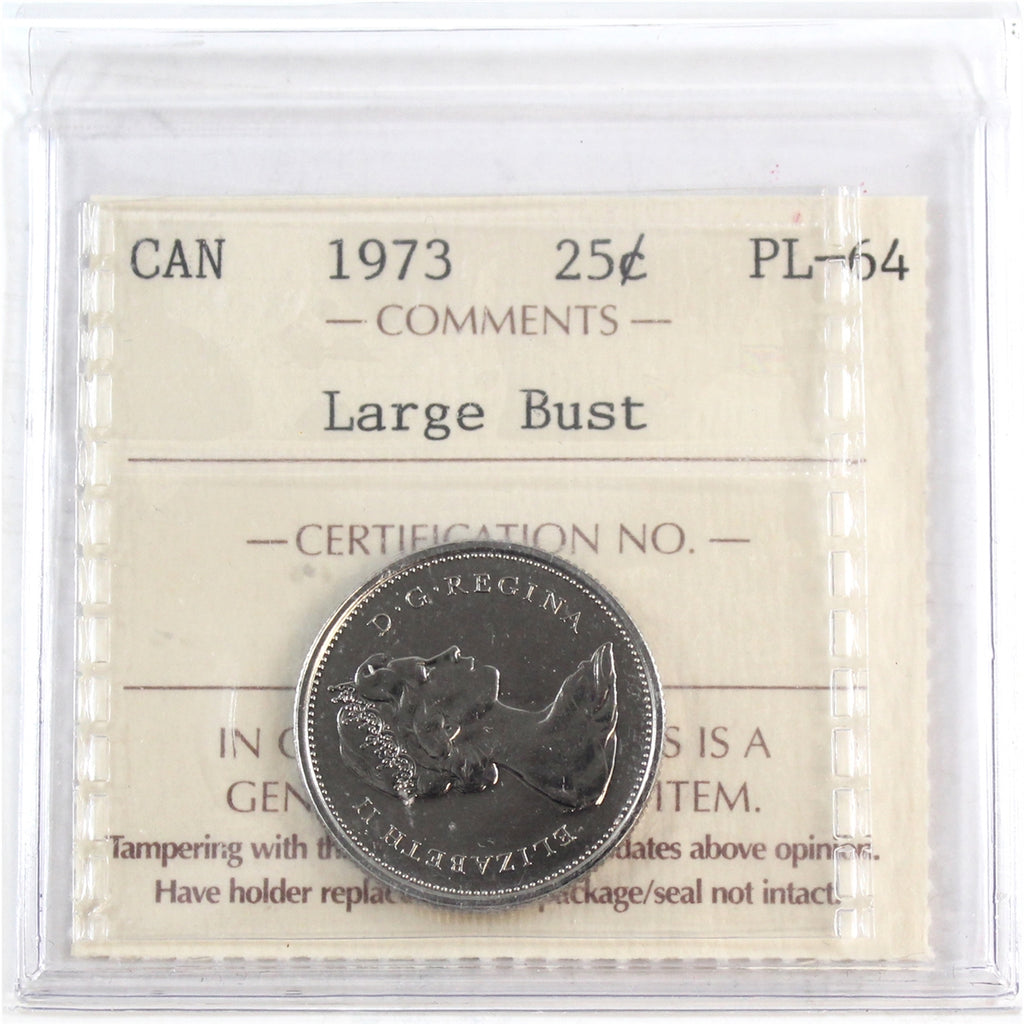 1973 Large Bust Canada 25-cents ICCS Certified PL-64