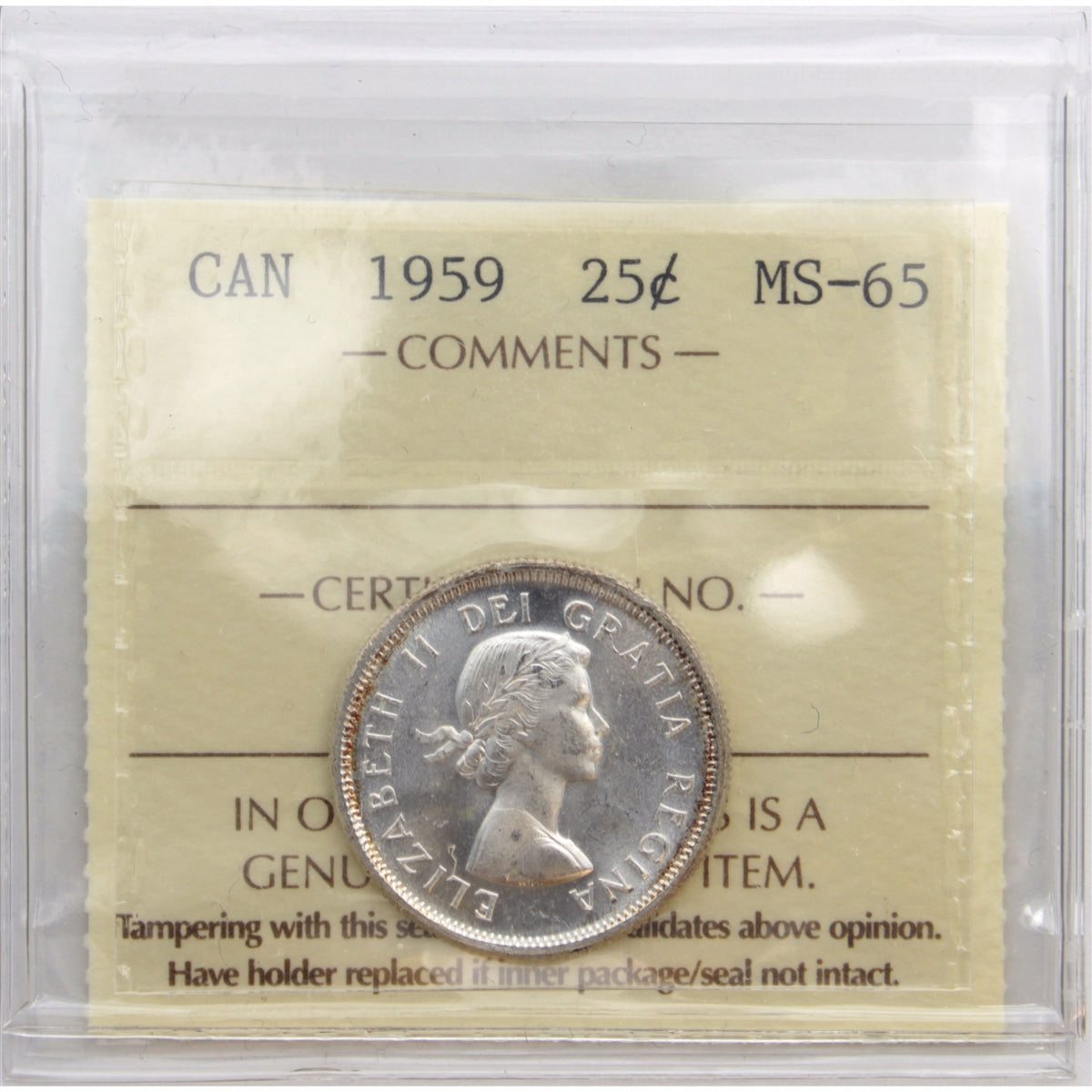 1959 Canada 25-cents ICCS Certified MS65