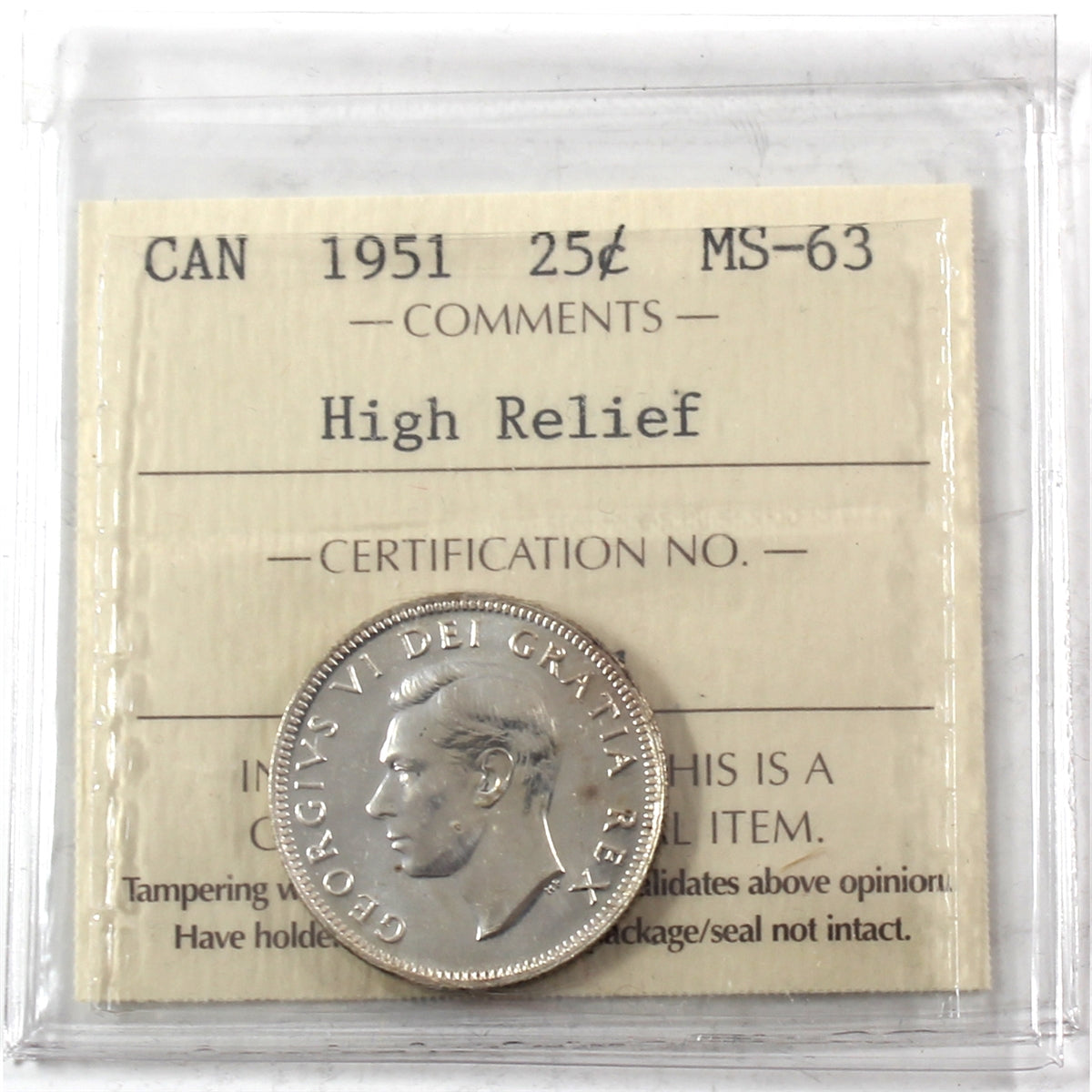 1951 High Relief Canada 25-cents ICCS Certified MS63