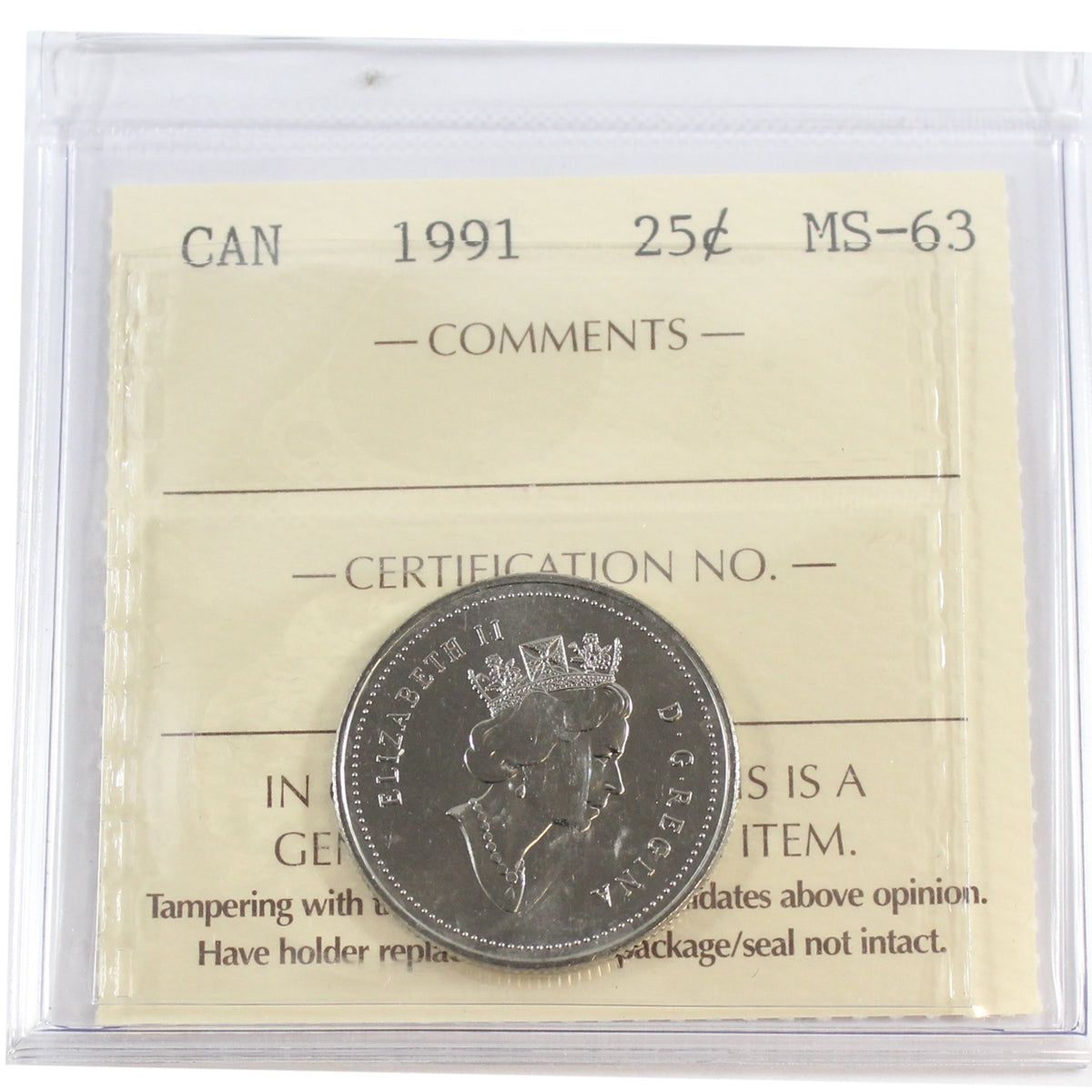 1991 Canada 25-cents ICCS Certified MS63