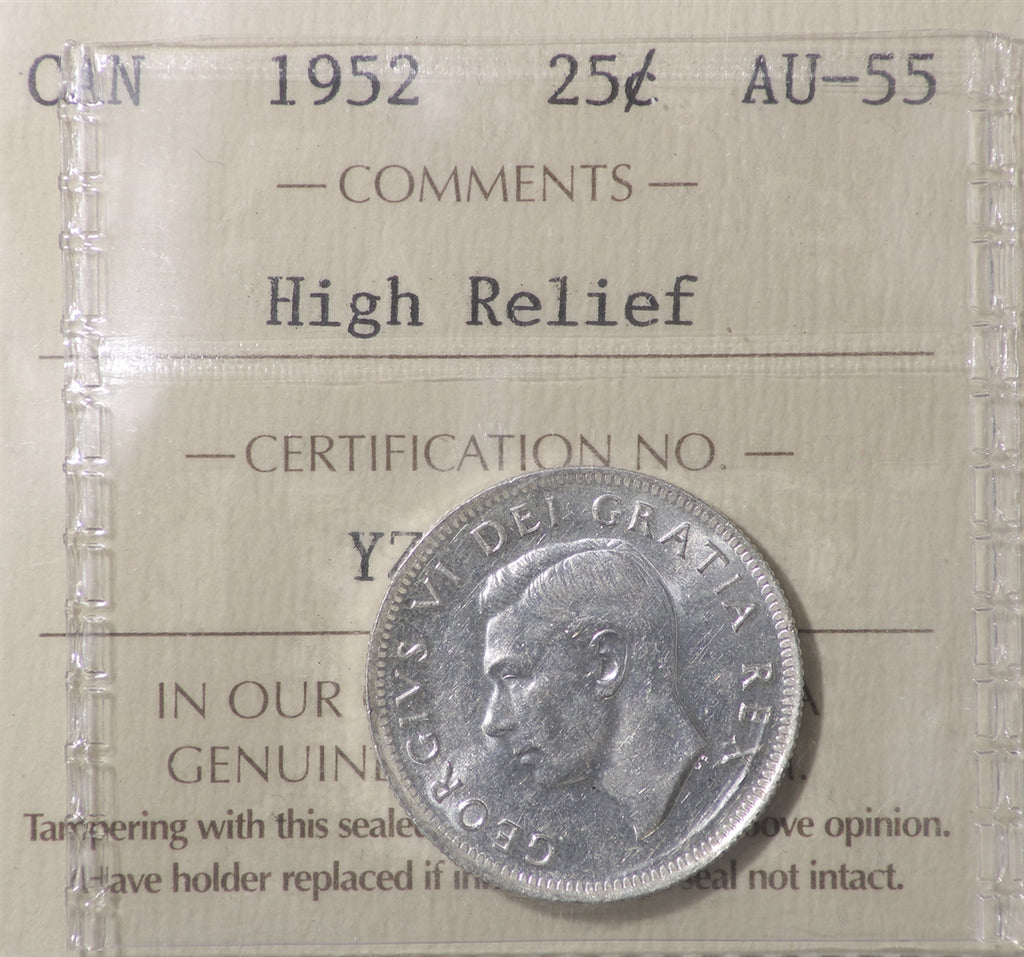 1952 High Relief Canada 25-cents ICCS Certified AU55