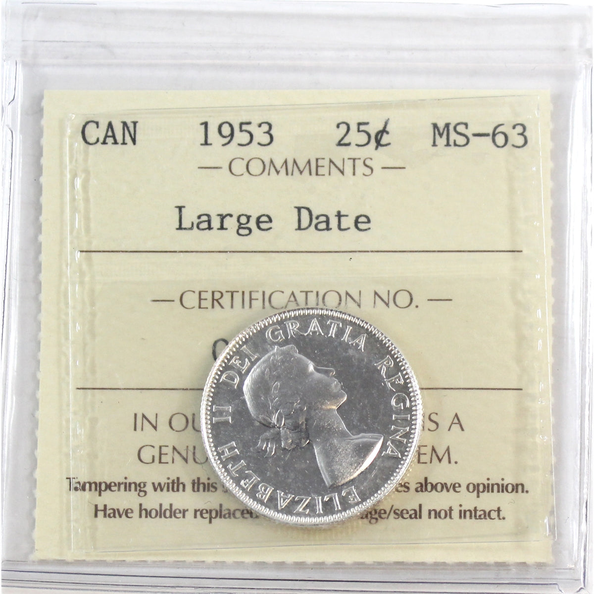 1953 Large Date Canada 25-cents ICCS Certified MS63