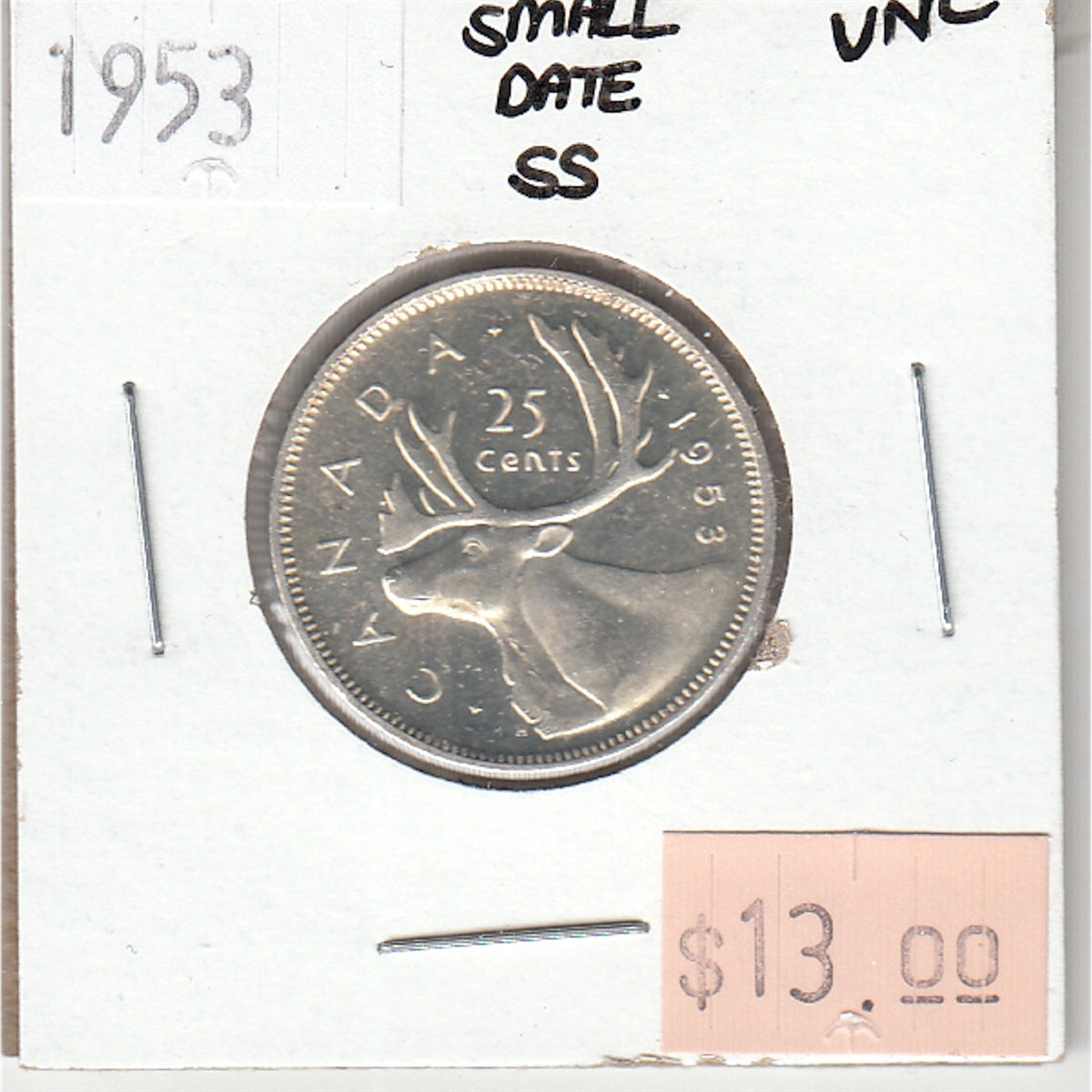 1953 Small Date SS Canada 25-cents Uncirculated (MS60)
