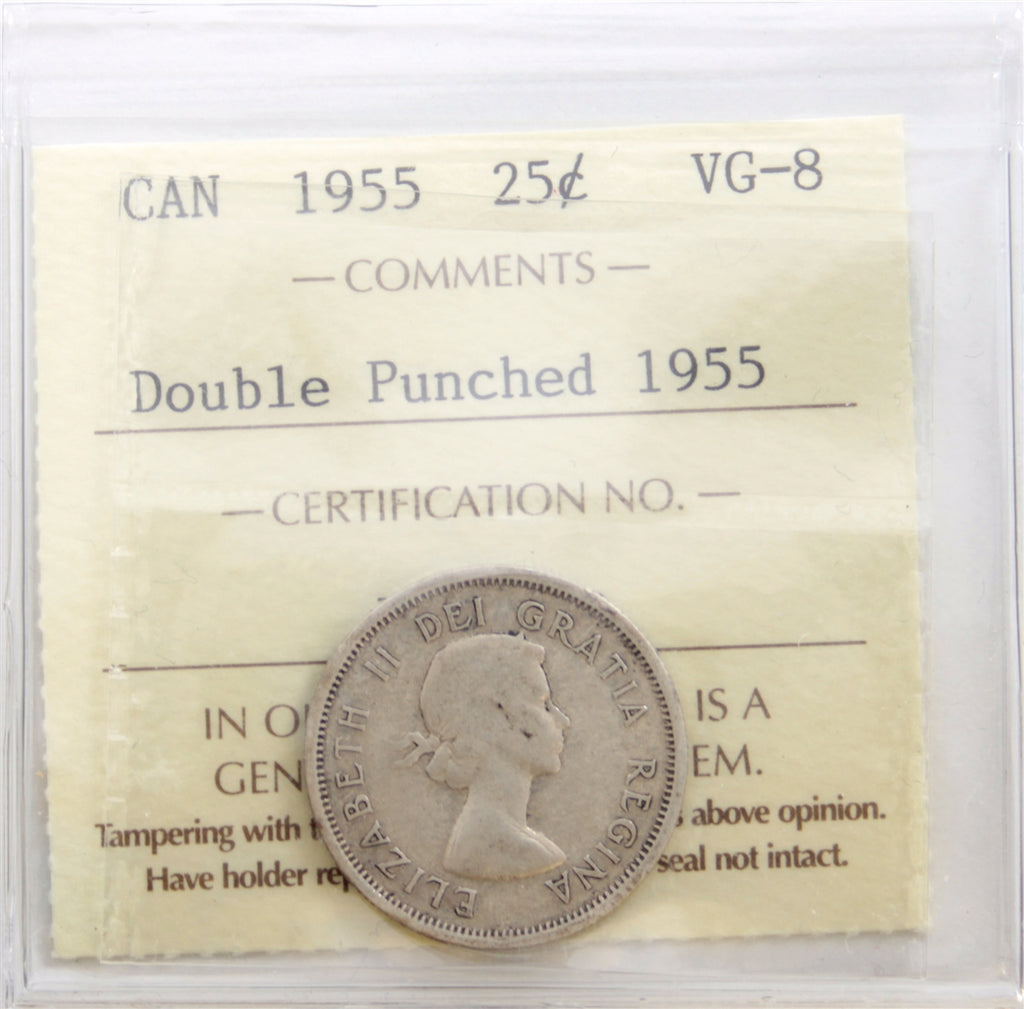 1955 Double Punched 1955 Canada 25-cents ICCS Certified VG8