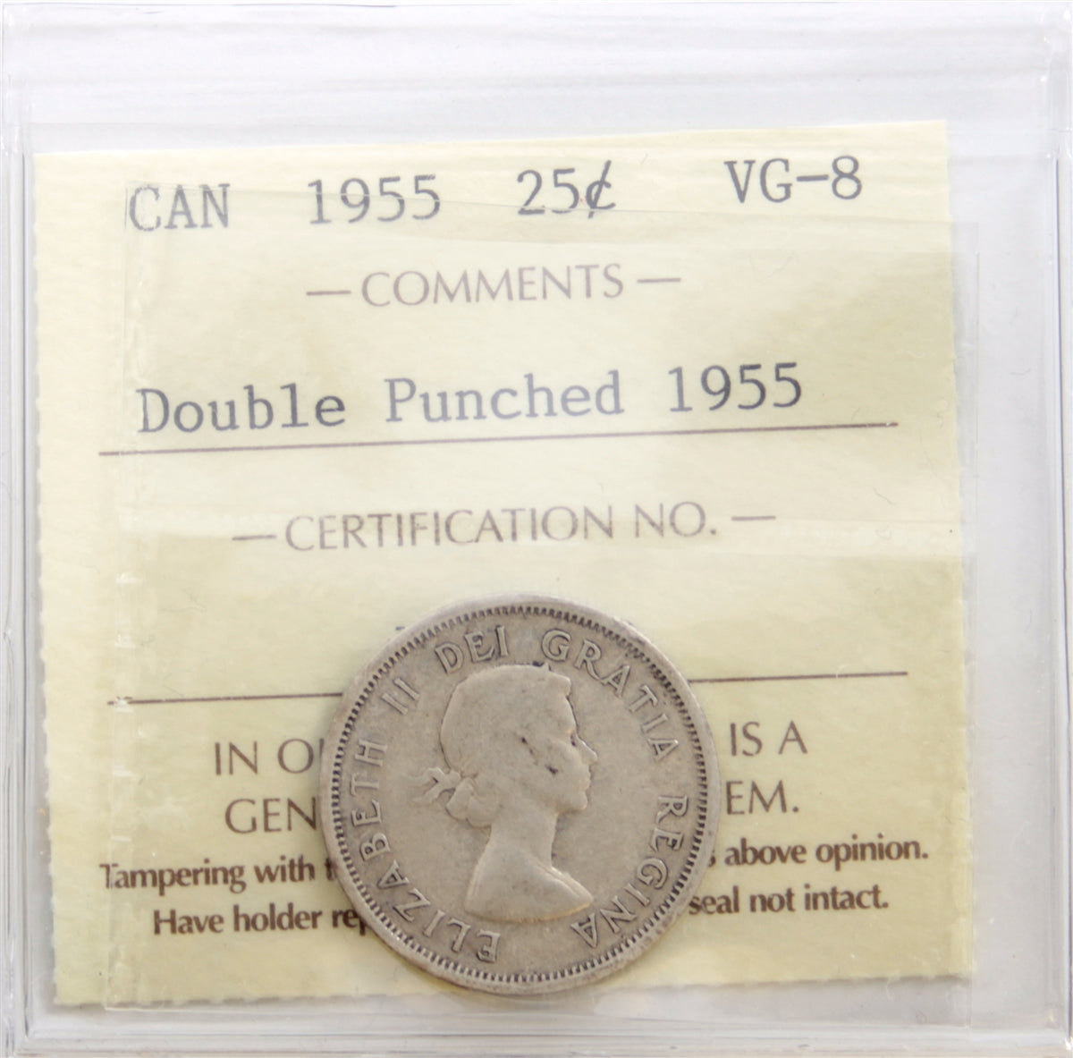 1955 Double Punched 1955 Canada 25-cents ICCS Certified VG8
