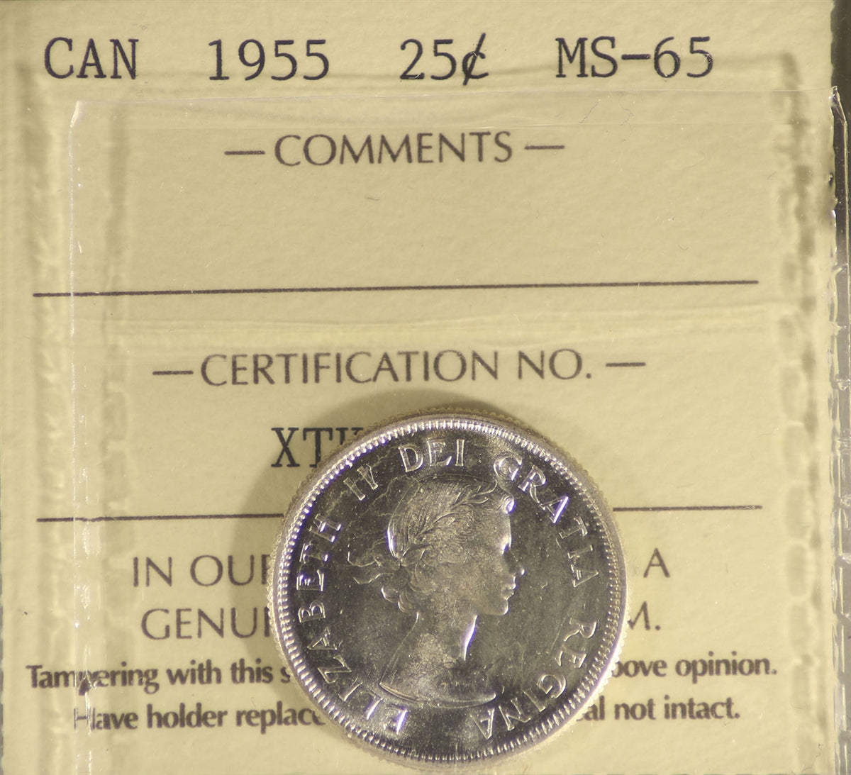 1955 Canada 25-cents ICCS Certified MS65