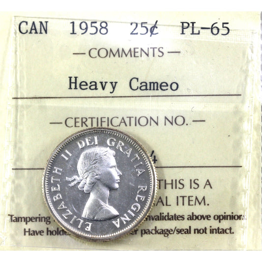 1958 Canada 25-cents ICCS Certified PL-65 Heavy Cameo