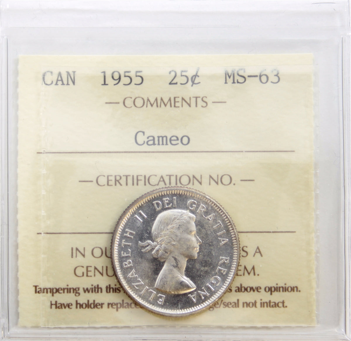 1955 Canada 25-cents ICCS Certified MS63 Cameo
