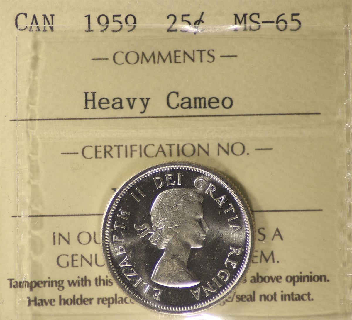 1959 Canada 25-cents ICCS Certified MS65 Heavy Cameo