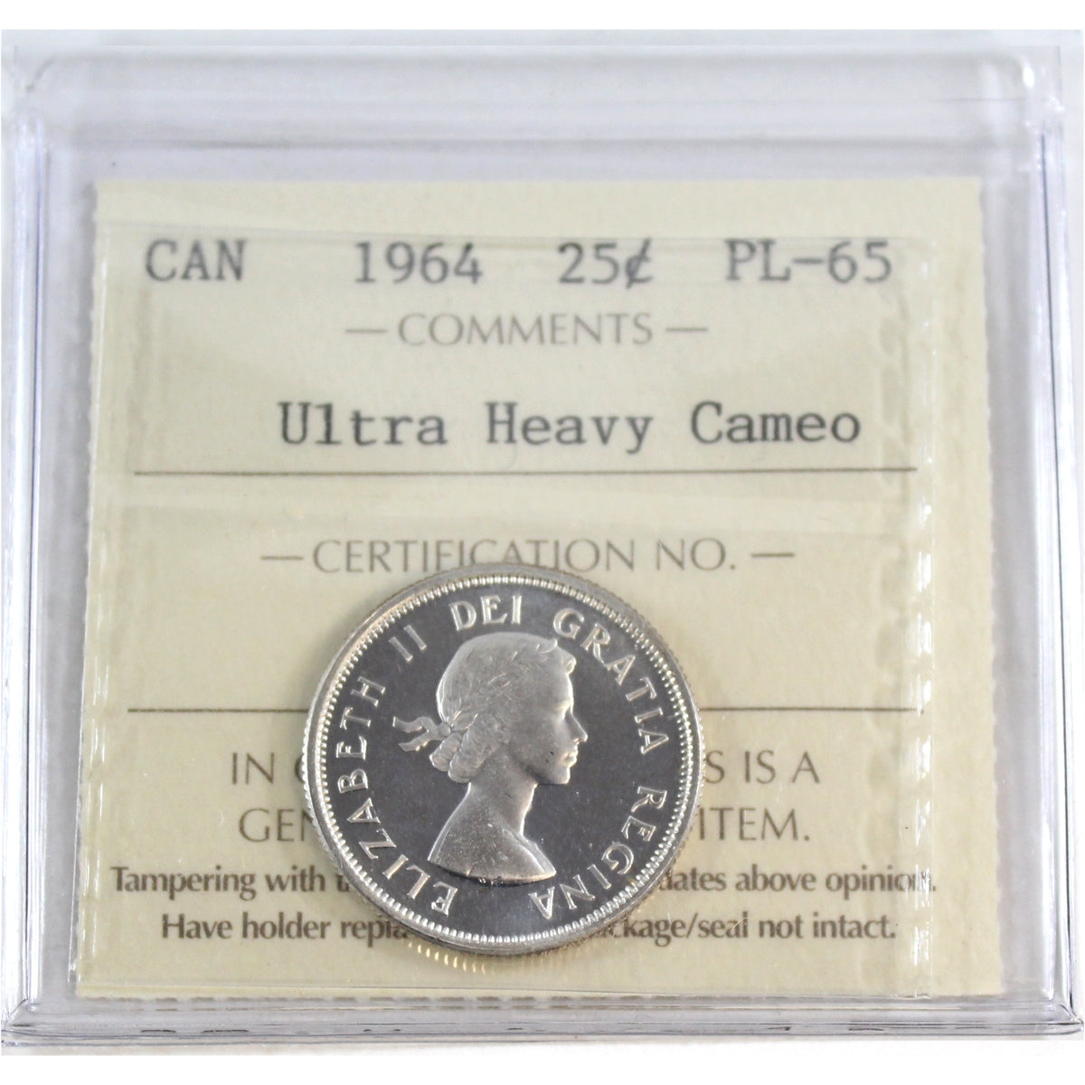 1964 Canada 25-cents ICCS Certified PL-65 Ultra Heavy Cameo