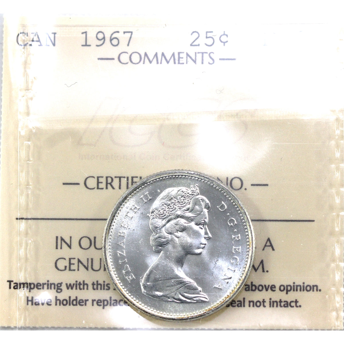 1967 Canada 25-cents ICCS Certified MS65
