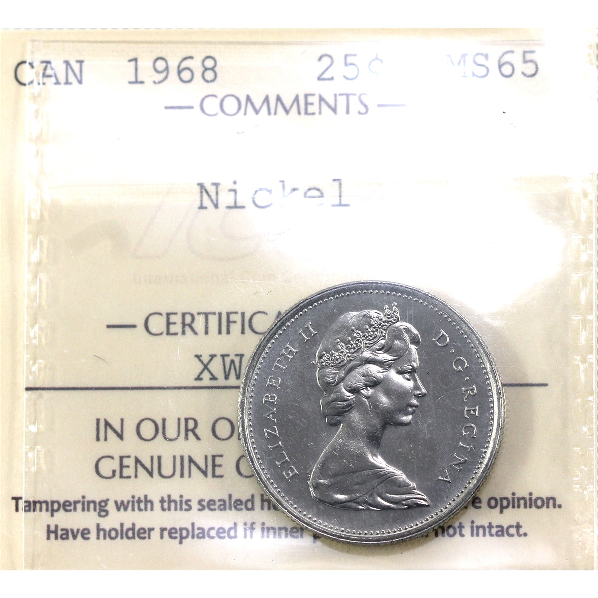 1968 Nickel Canada 25-cents ICCS Certified MS65