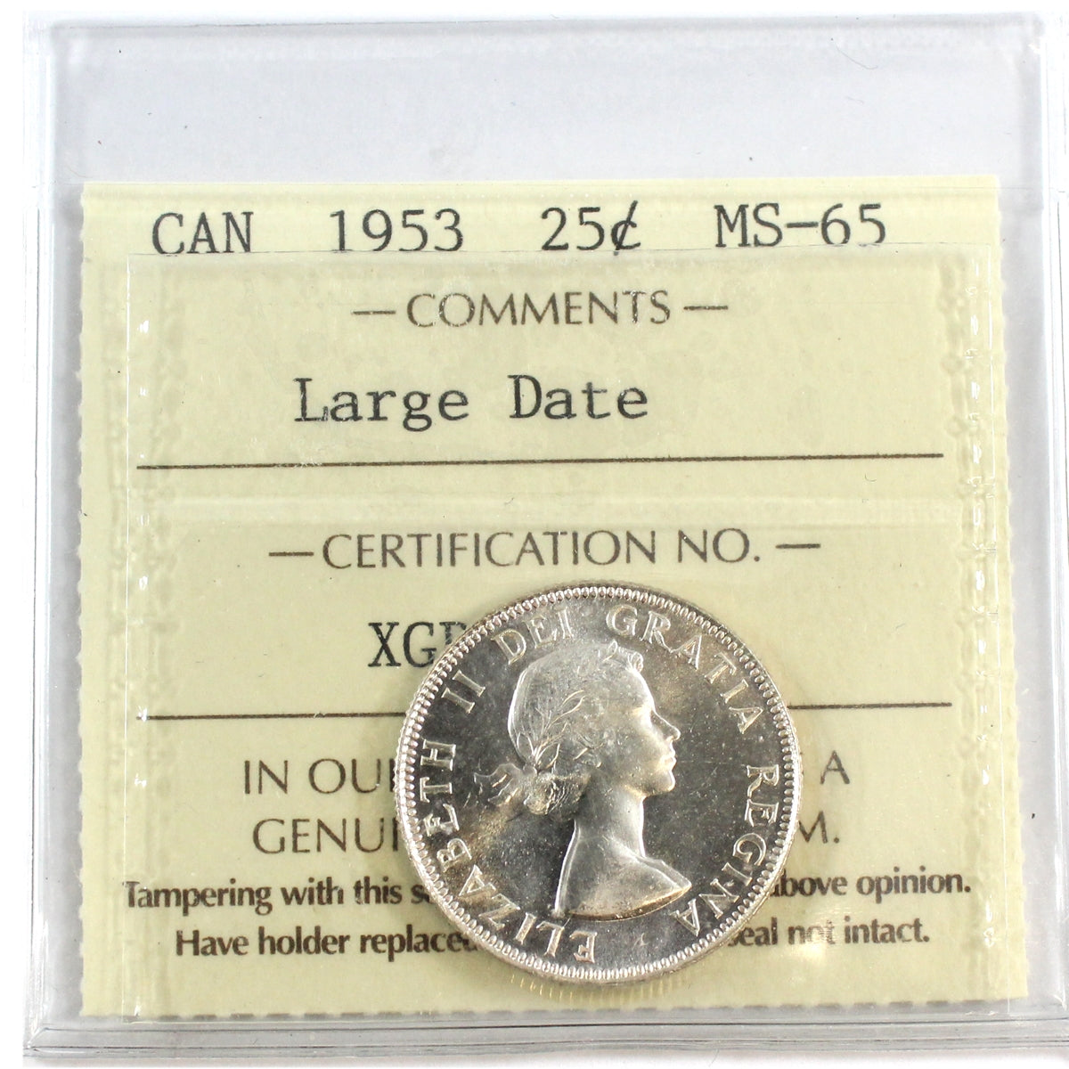 1953 Large Date Canada 25-cents ICCS Certified MS65