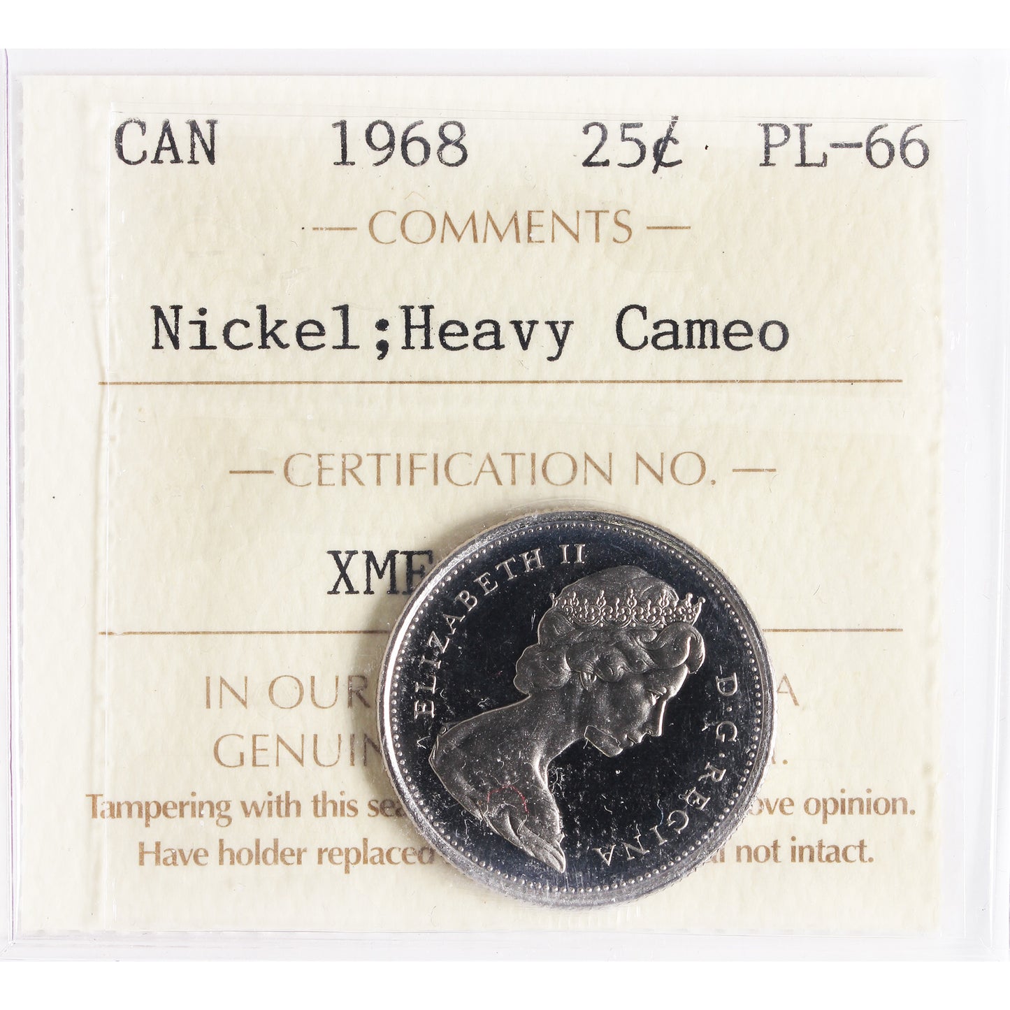 1968 Nickel Canada 25-cents ICCS Certified PL66 Heavy Cameo