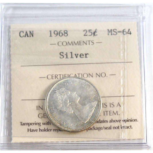 1968 Silver Canada 25-cents ICCS Certified MS64