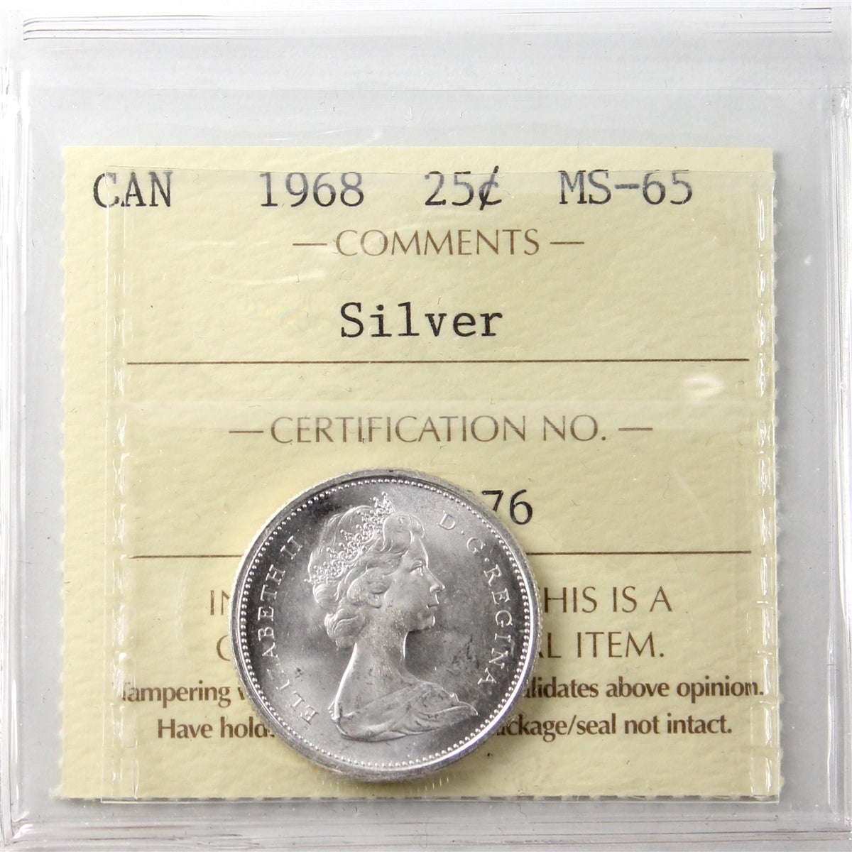 1968 Silver Canada 25-cents ICCS Certified MS65