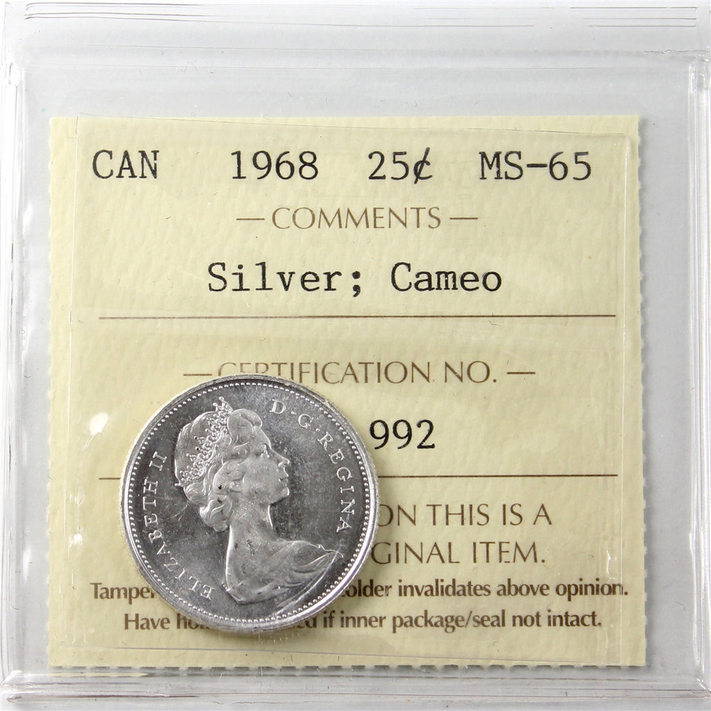 1968 Silver Canada 25-cents ICCS Certified MS65 Cameo