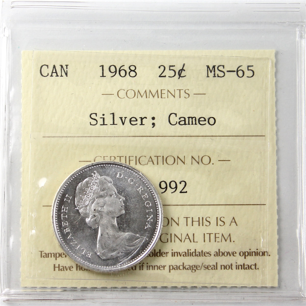 1968 Silver Canada 25-cents ICCS Certified MS65 Cameo