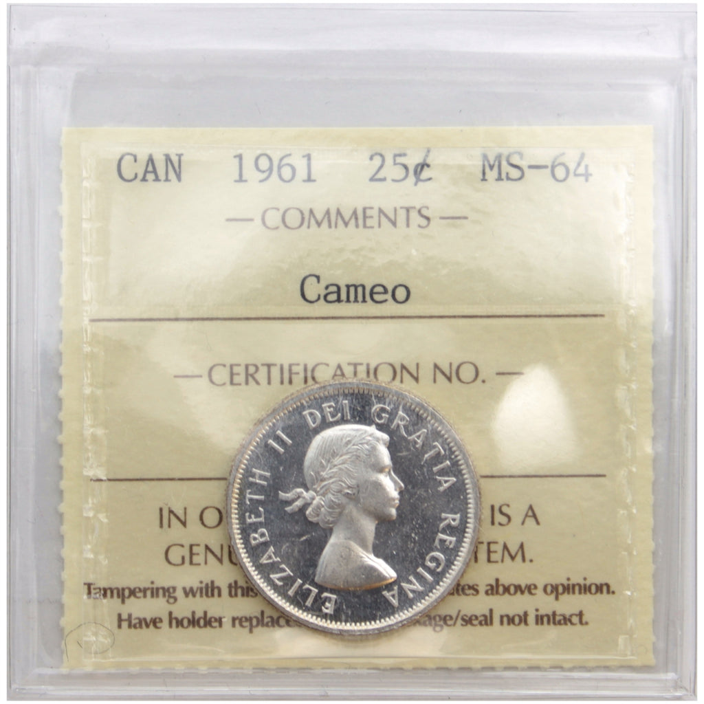 1961 Canada 25-cents ICCS Certified MS64 Cameo