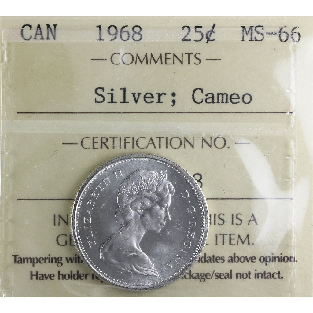 1968 Silver Canada 25-cents ICCS Certified MS66 Cameo