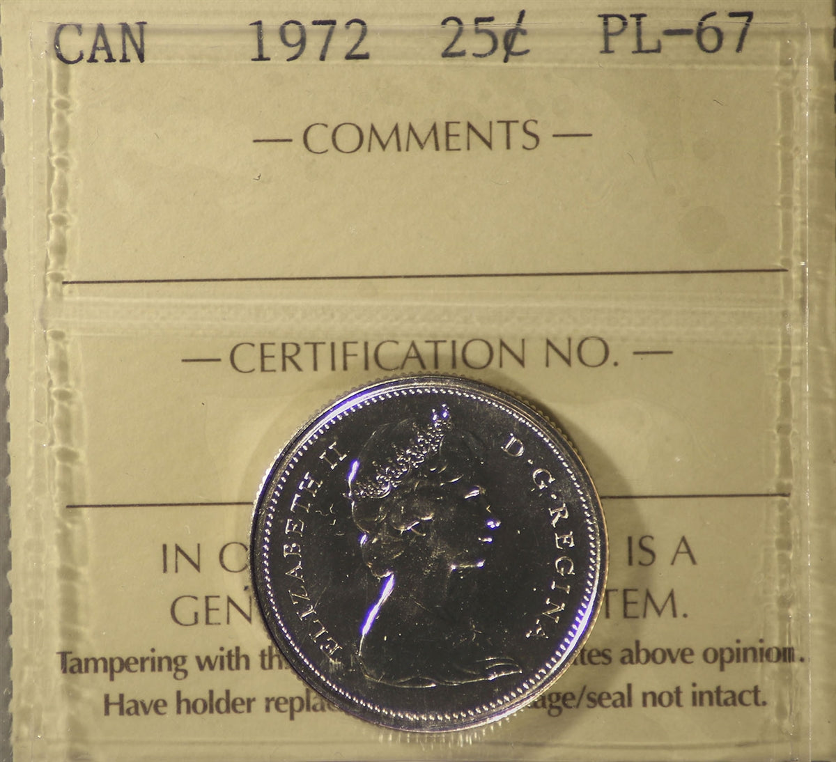 1972 Canada 25-cents ICCS Certified PL-67