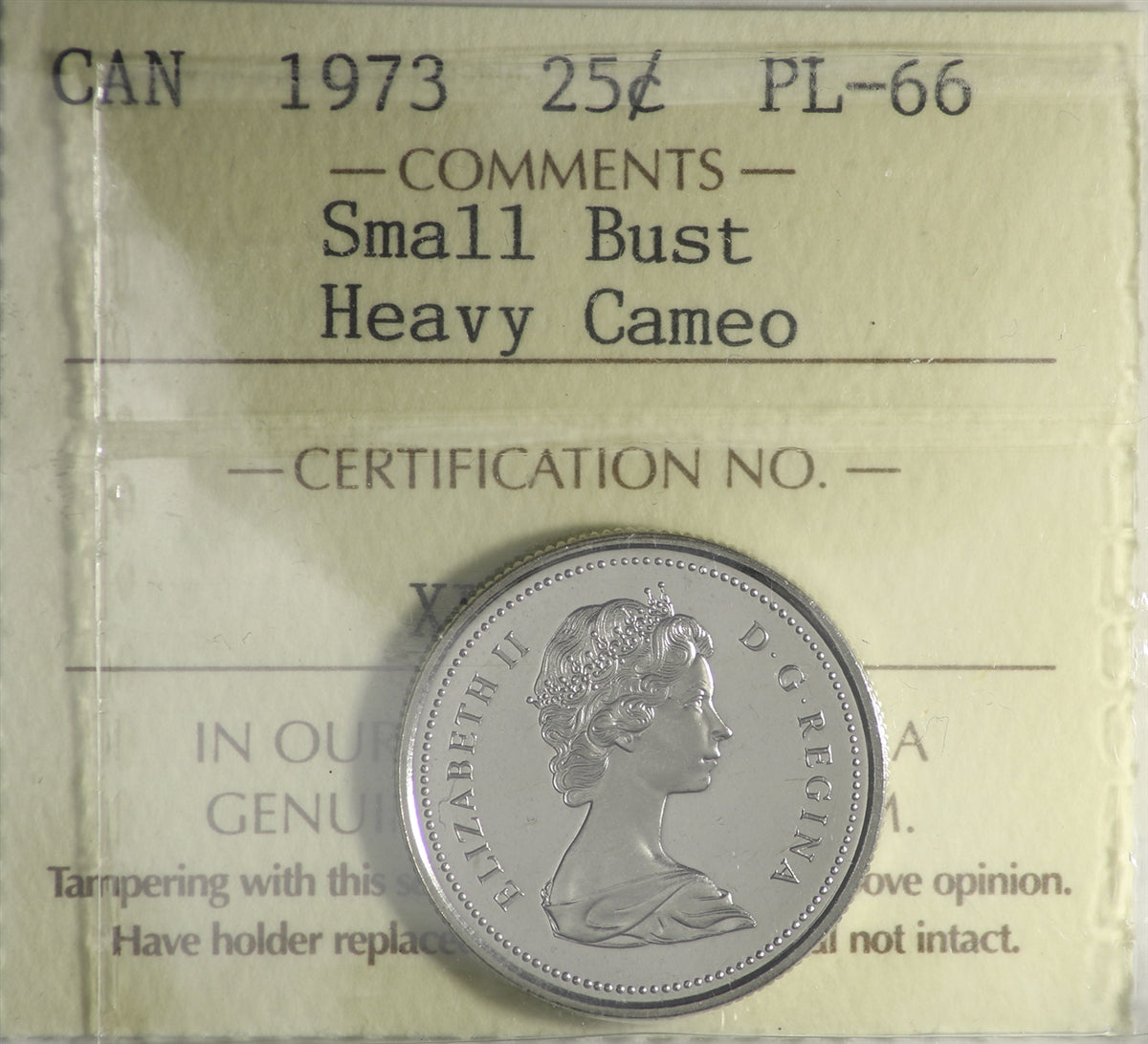 1973 Small Bust Canada 25-cents ICCS Certified PL66 Heavy Cameo