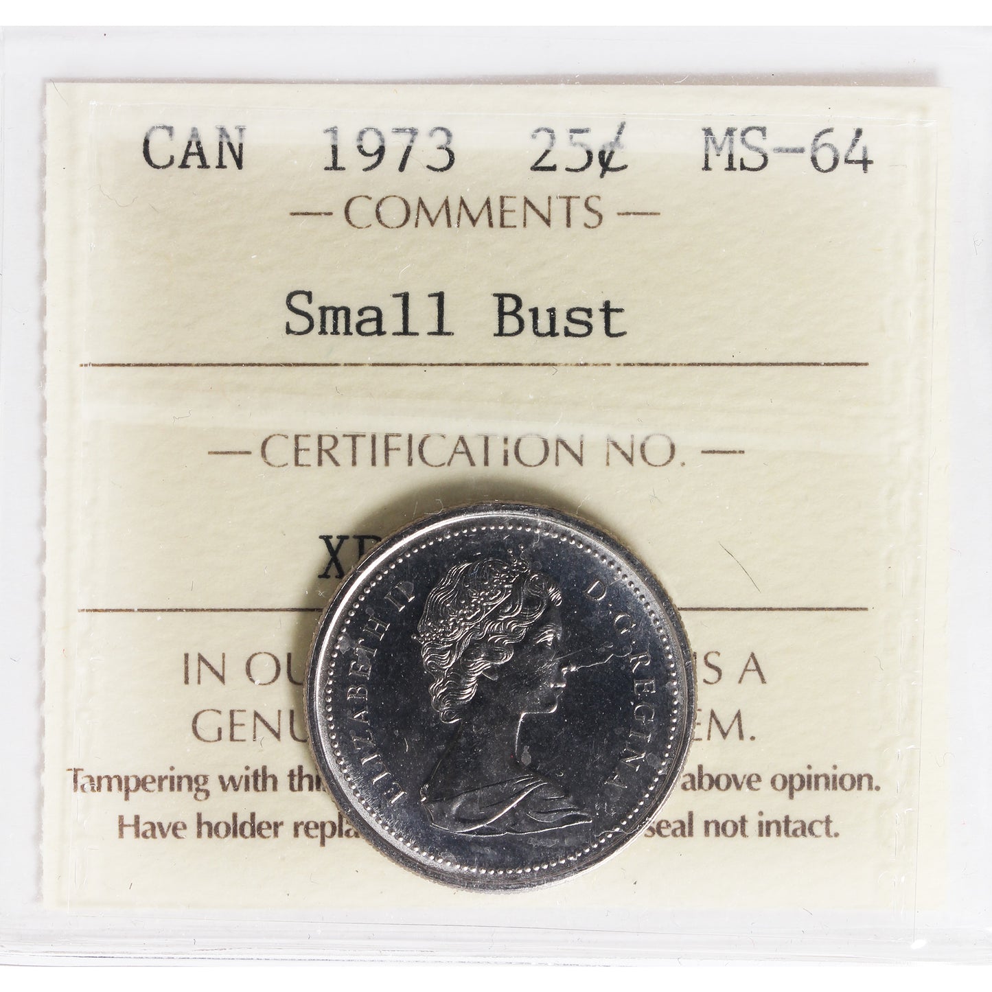 1973 Small Bust Canada 25-cents ICCS Certified MS64