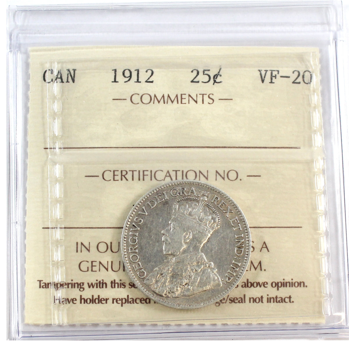 1912 Canada 25-cents ICCS Certified VF20