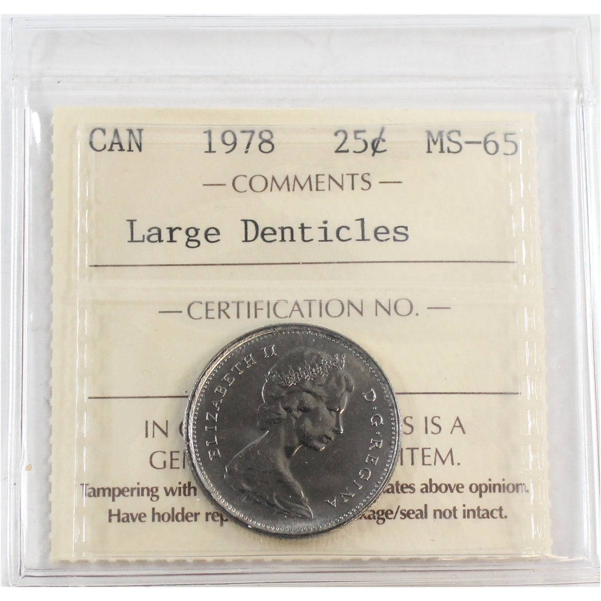 1978 Large Denticles Canada 25-cents ICCS Certified MS65