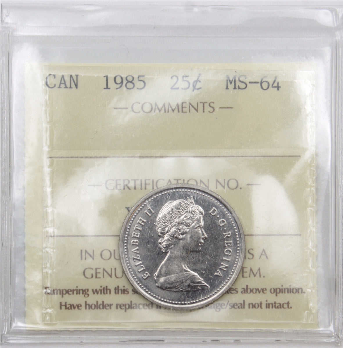 1985 Canada 25-cents ICCS Certified MS64