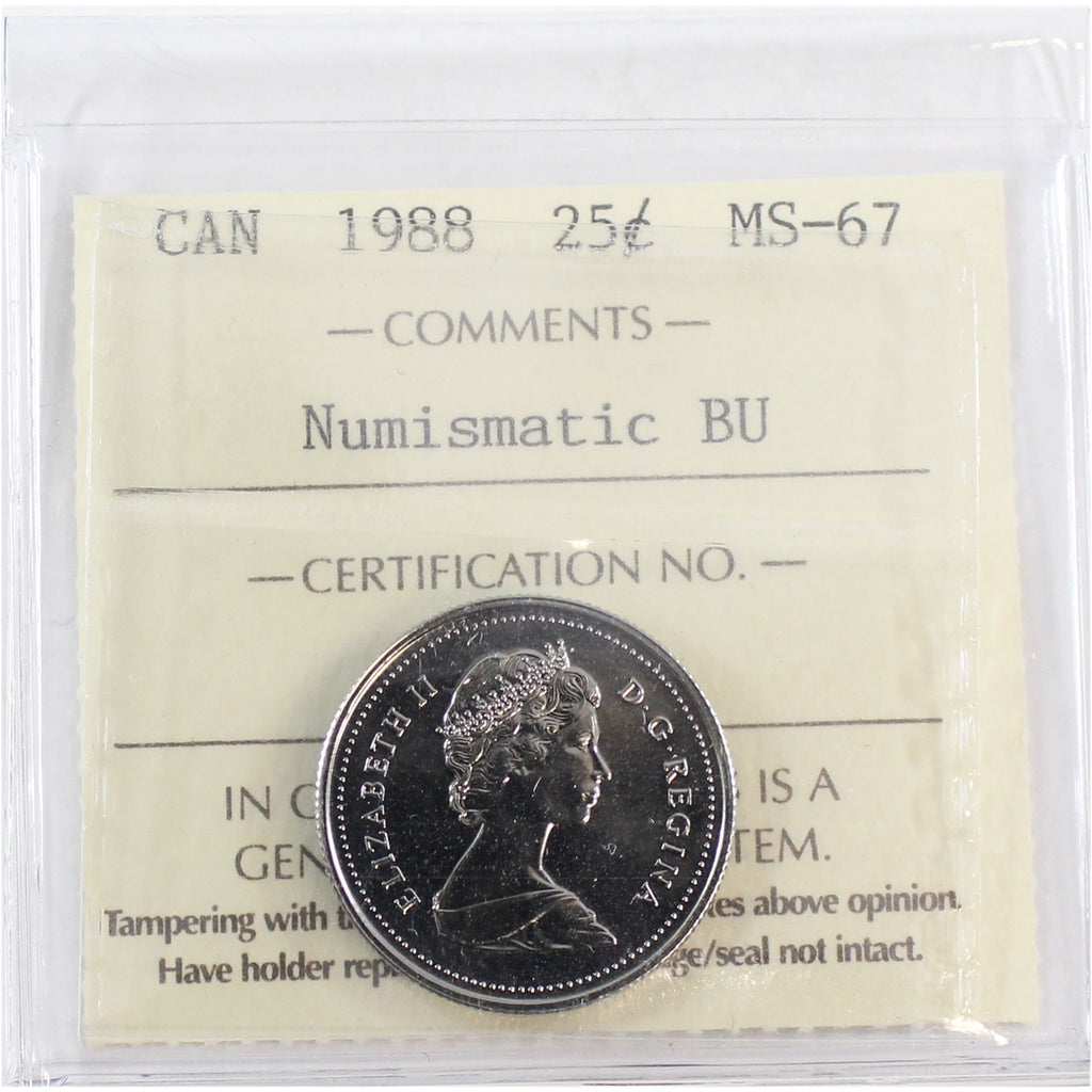 1988 Canada 25-cents ICCS Certified MS-67 Numismatic BU