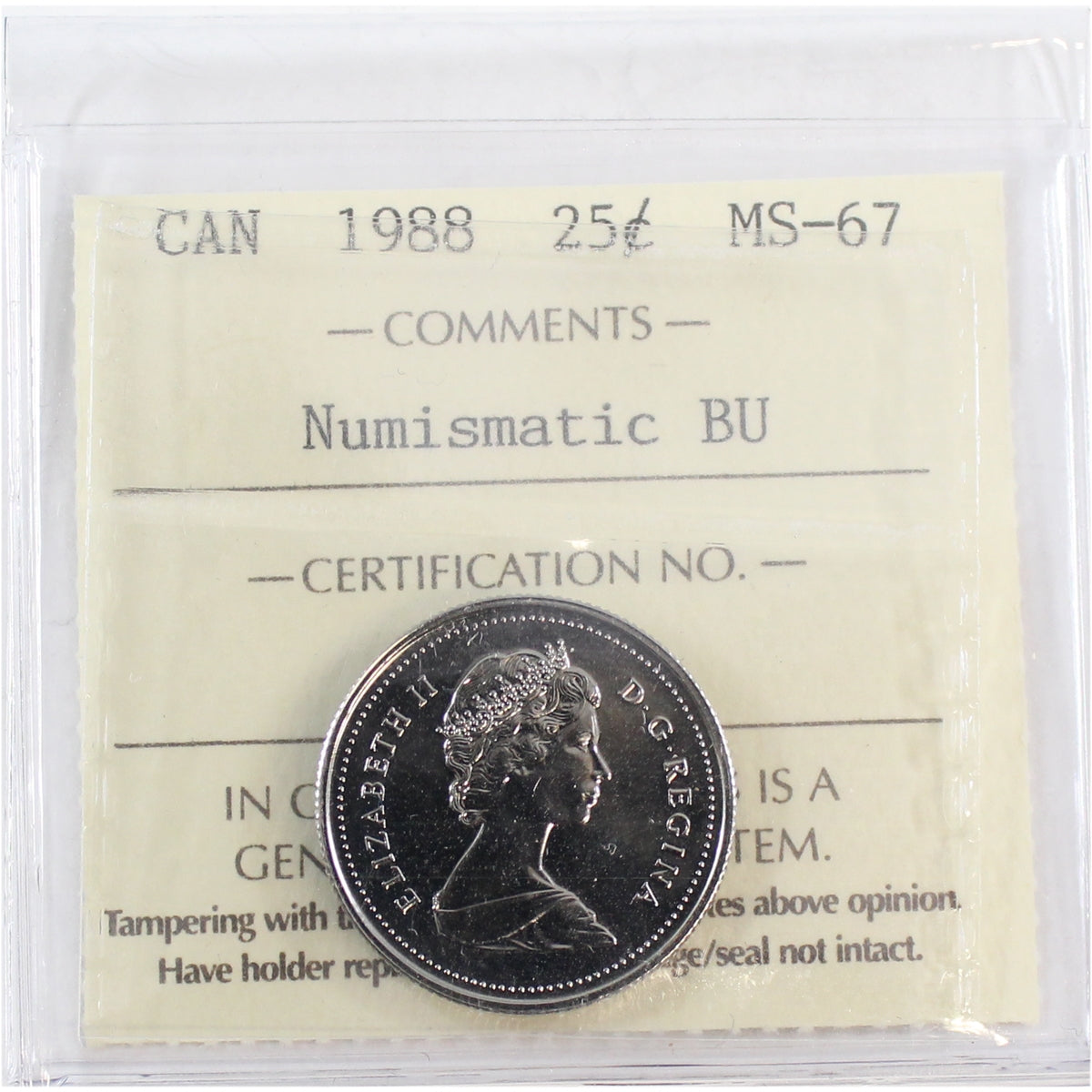 1988 Canada 25-cents ICCS Certified MS-67 Numismatic BU