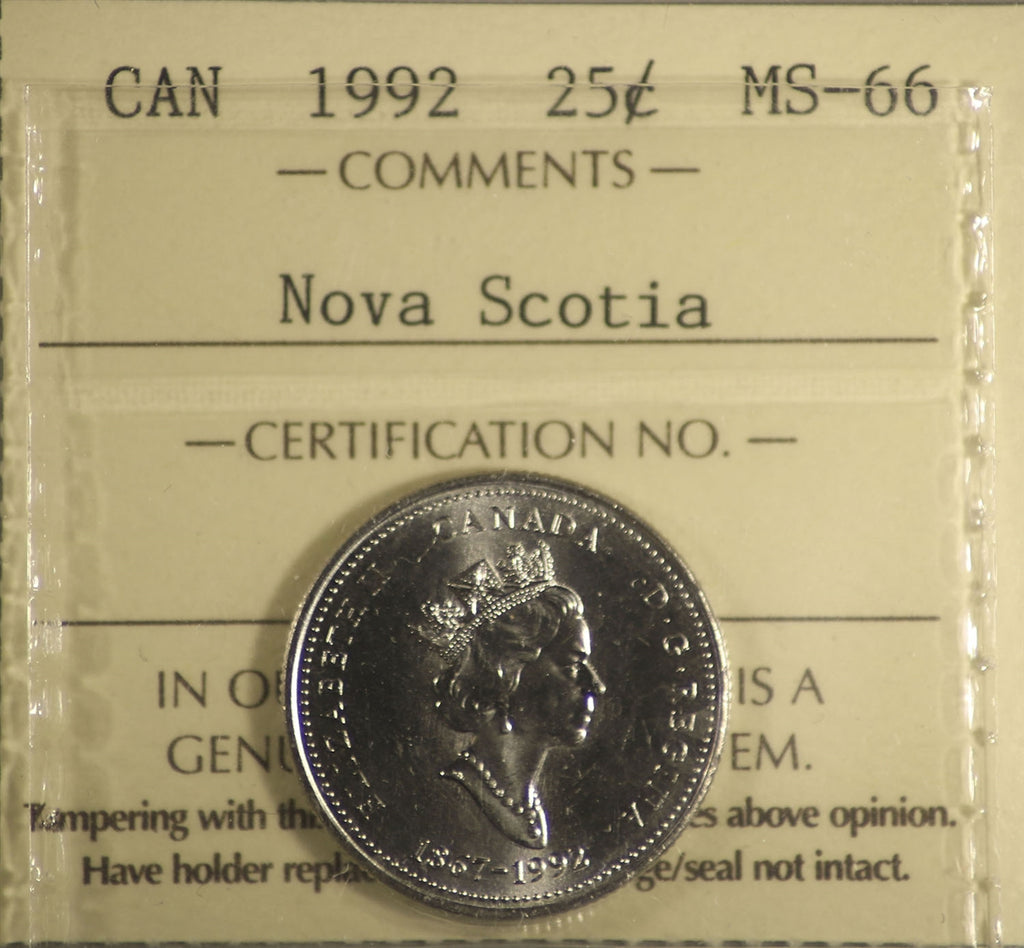1992 Canada 25-cents ICCS Certified MS66 Nova Scotia