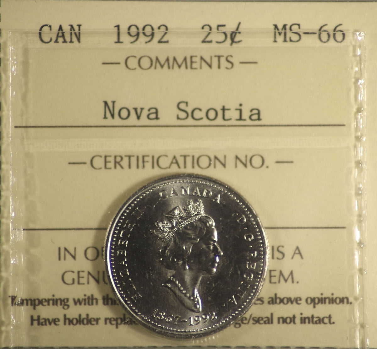 1992 Canada 25-cents ICCS Certified MS66 Nova Scotia